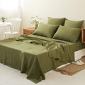 Simple&Opulence 100% Linen Sheet Set 4pcs Basic Style, Deep Pocket, Natural French Washed Flax Solid Color Soft Breathable Bed Sheets - Olive Green, Queen