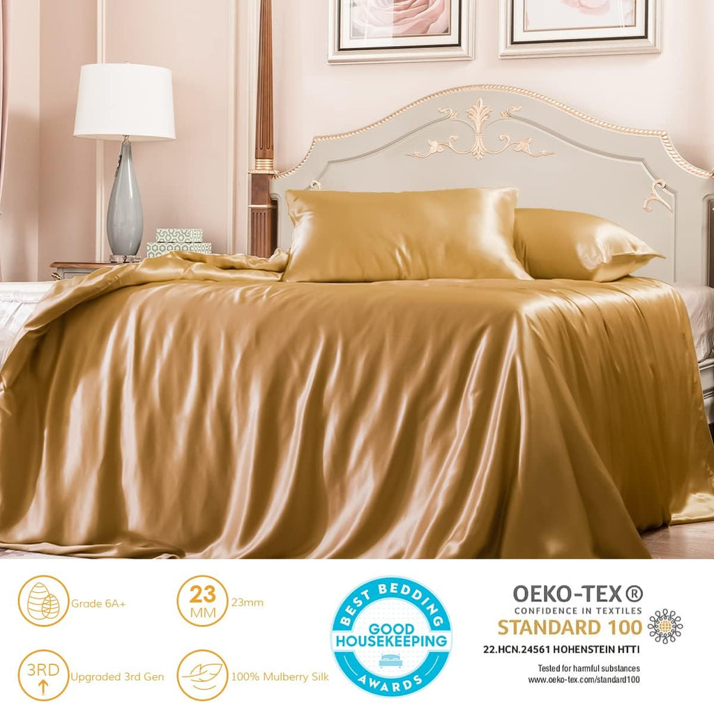 PROMEED 100% Mulberry Silk Duvet Cover Set 3PCS Full Size, Real 23 Momme Grade 6A Silk Bedding Set with Duvet Cover and Pillowcases (Gold, Full)