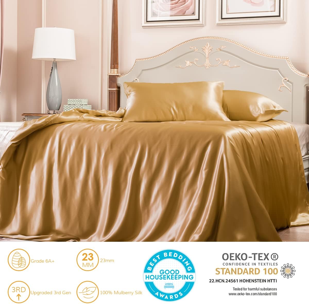 PROMEED 100% Mulberry Silk Duvet Cover Set 3PCS Full Size, Real 23 Momme Grade 6A Silk Bedding Set with Duvet Cover and Pillowcases (Gold, Full)