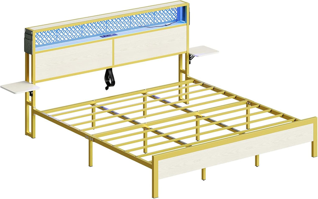 Bestier King Size Bed Frame with Headboard and Foldable Bedside Shelves Storage, LED Platform Bed Frame with Charging Station, Non Slip Metal Bed Frame, Noise Free, Easy Assembly, White Oak