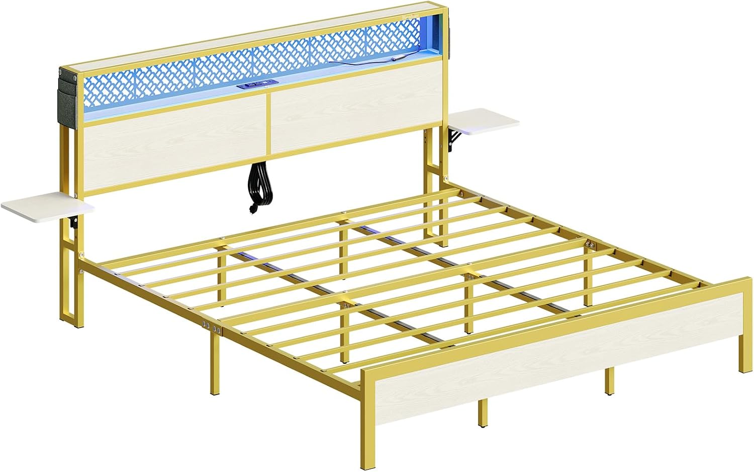 Bestier King Size Bed Frame with Headboard and Foldable Bedside Shelves Storage, LED Platform Bed Frame with Charging Station, Non Slip Metal Bed Frame, Noise Free, Easy Assembly, White Oak