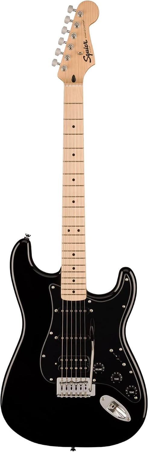 Fender Squier Sonic Stratocaster HSS - Black Bundle with Fender Mustang Micro Headphone Amplifier, Strap, Cable, Picks, and Austin Bazaar Instructional DVD