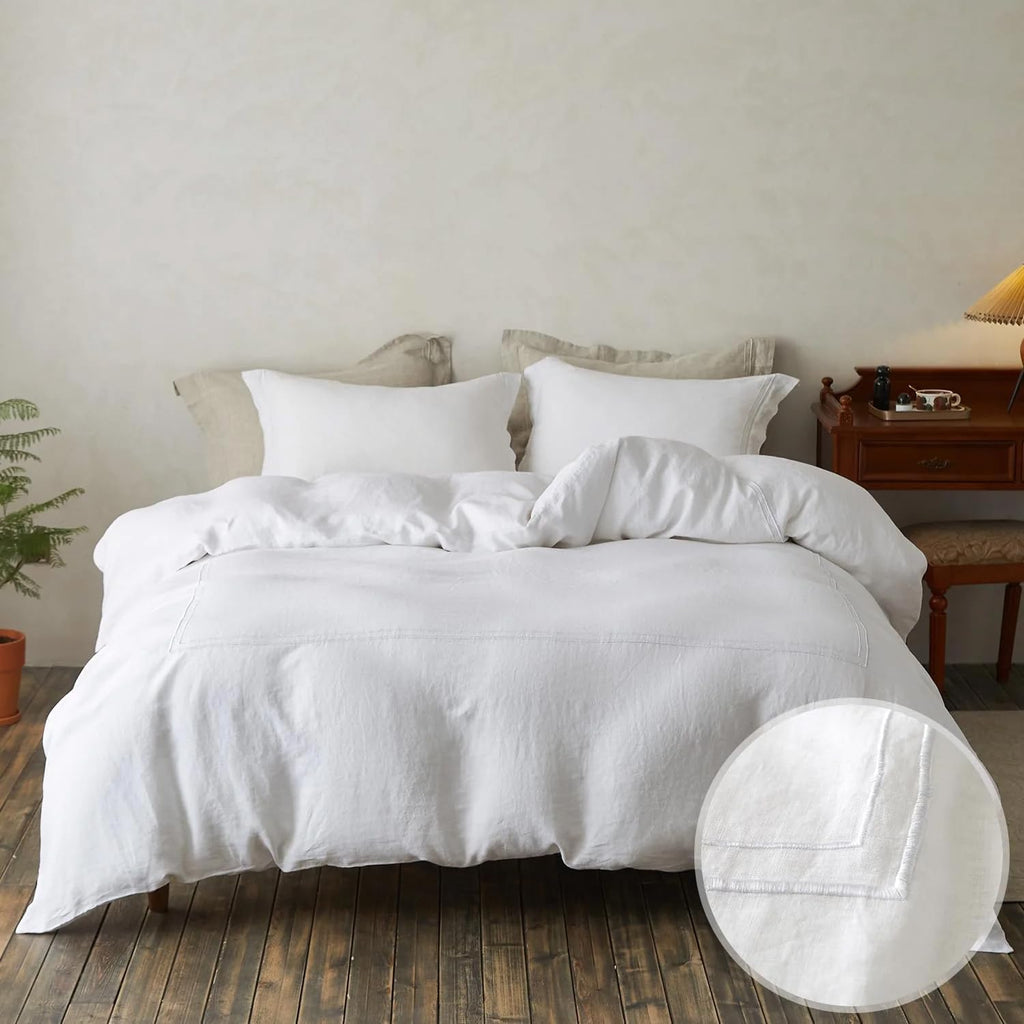 Simple&Opulence 100% Washed Linen Duvet Cover Set 104'x92' - 3 Pieces Soft Farmhouse Comforter Cover Set Double Embroidered with Button Closure - 1 Duvet Cover and 2 Pillowcases (White, King)
