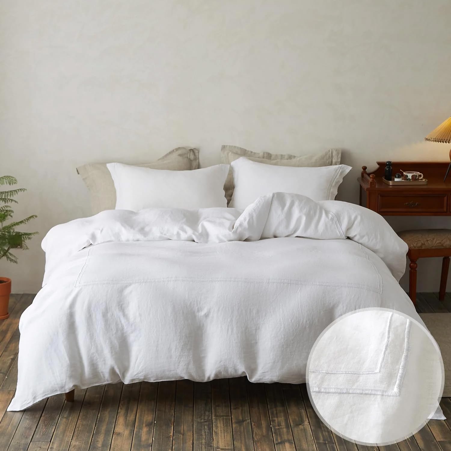 Simple&Opulence 100% Washed Linen Duvet Cover Set 104'x92' - 3 Pieces Soft Farmhouse Comforter Cover Set Double Embroidered with Button Closure - 1 Duvet Cover and 2 Pillowcases (White, King)