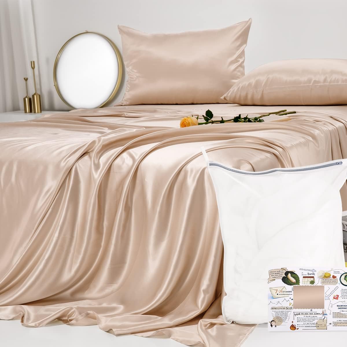 PROMEED - 100% Pure Mulberry Silk Sheets 4pcs Set - Luxury Silk Bed Sheet Set Queen Size - Cooling Bed Set with Fitted Sheet, Flat Sheet and Pillowcases (Champagne, Queen)