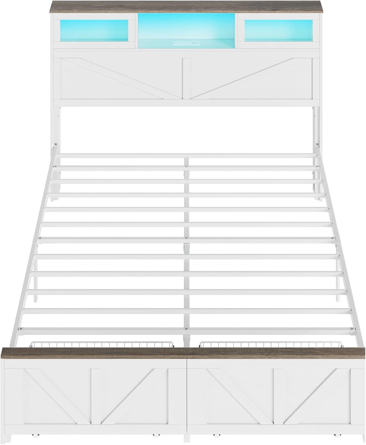 Yoobure Full Size Bed Frame with Headboard, Full Bed Frame with Charging Station, LED Beds with 2 Storage Drawers, Wood Farmhouse Bedframe, Noise-Free and No Box Spring Needed, White
