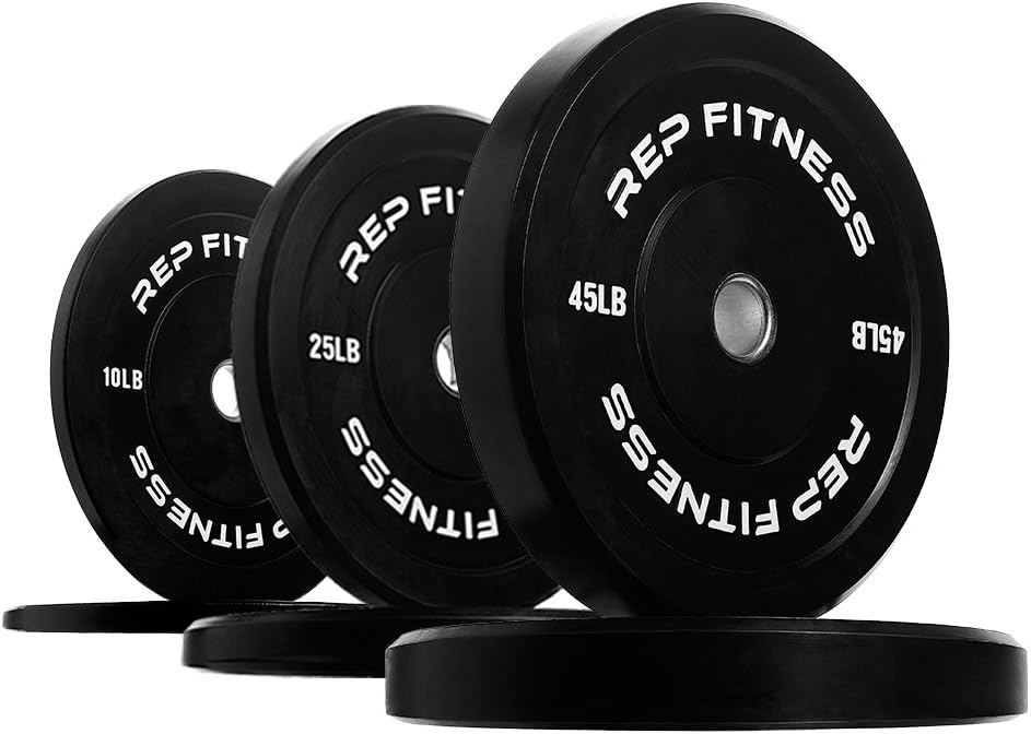 REP Fitness Rubber Bumper Plates, 5Lb to 370 lb Set Pairs, Olympic Standard Weights, Shock Absorbing Low Bounce Design, For Home Gyms, Fitness Centers, Strength Workouts, Barbell Use
