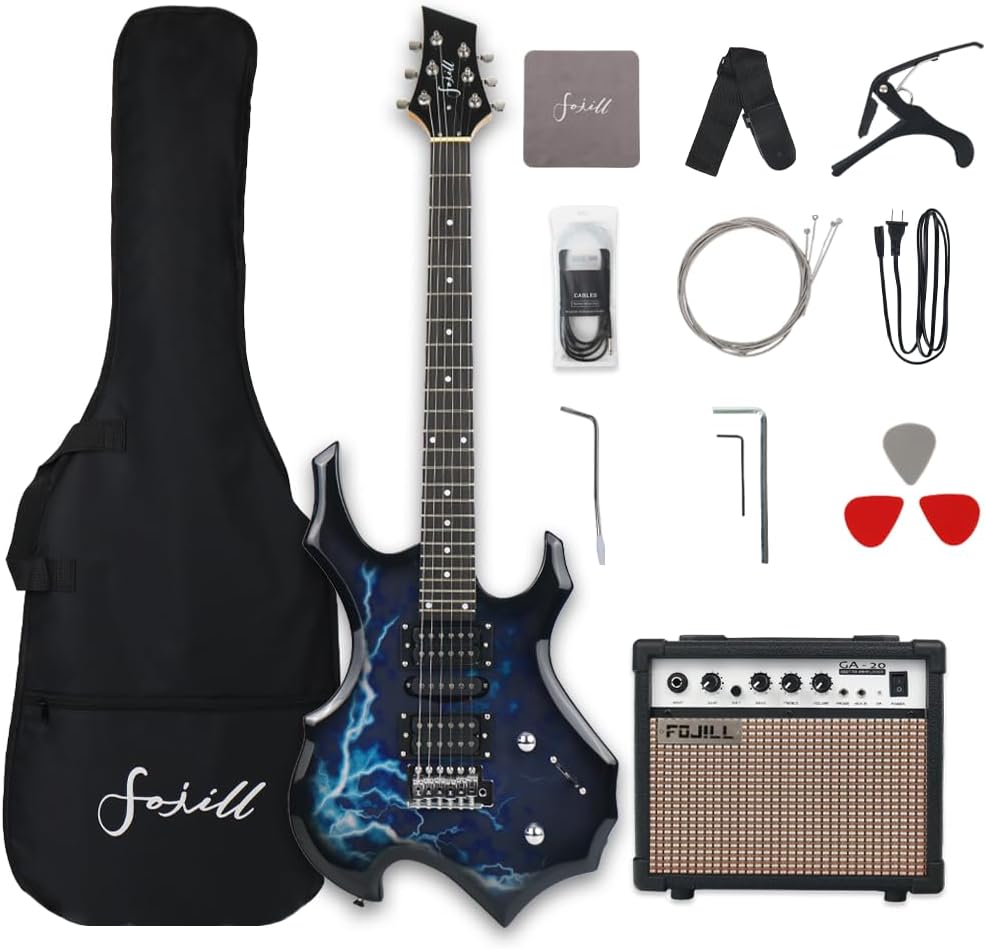Fojill Heavy Metal Cool Shape Electric Guitar Kit Set Beginner Starter Combo Package Bundle 20W Amplifier Amp Accessory Padded gig Bag,Picks, Cable,Strap,Extra Strings (FCGK-50, Thunder Blue)