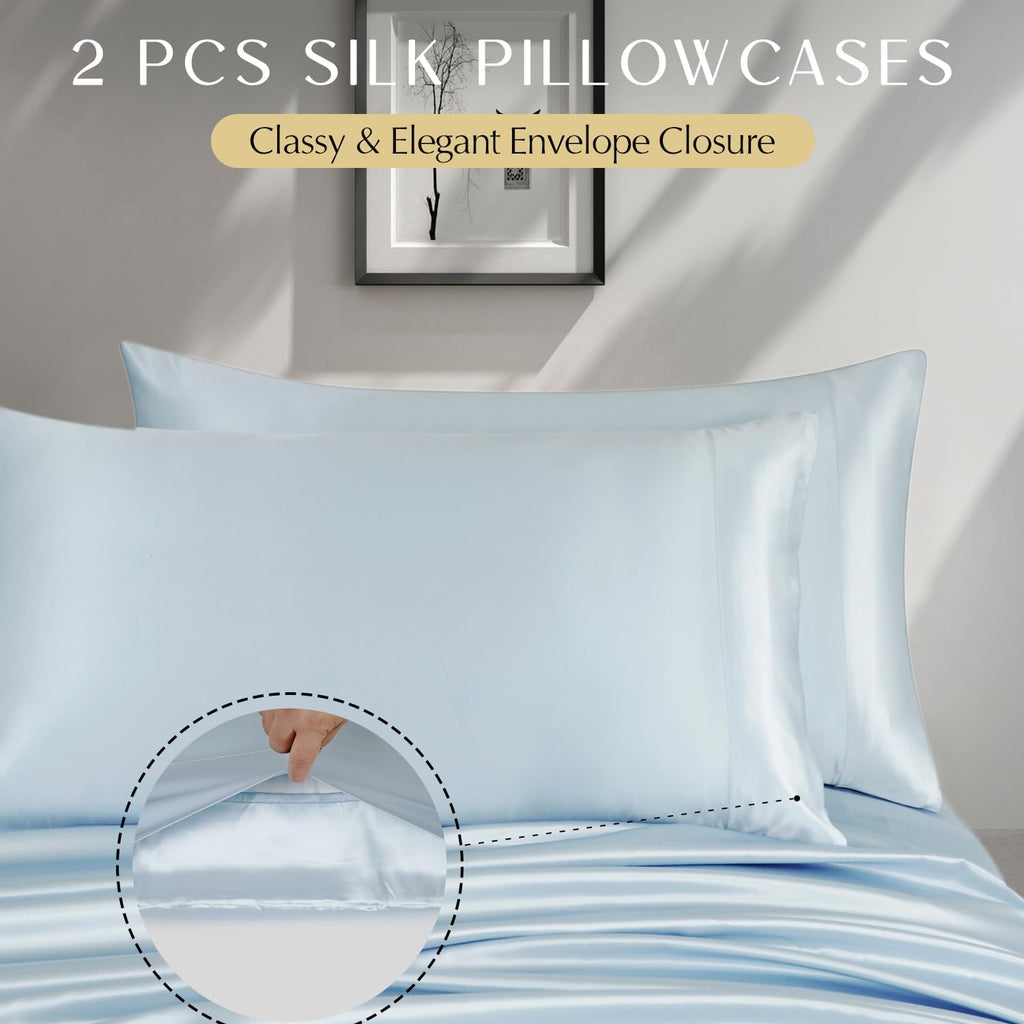 ZIMASILK 4 Pcs 100% Mulberry Silk Bed Sheet Set,All Side 19 Momme Silk (Queen, Light Blue)