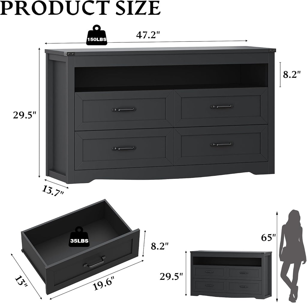 Dresser for Bedroom with 4 Drawers, Farmhouse Chest of Drawers with Natural Texture and LED Lights, Wide Wood Rustic Closet Storage Organizer, Modern Dresser TV Stand for Living Room, Entryway, Black