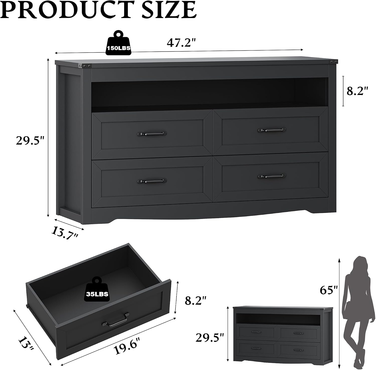 Dresser for Bedroom with 4 Drawers, Farmhouse Chest of Drawers with Natural Texture and LED Lights, Wide Wood Rustic Closet Storage Organizer, Modern Dresser TV Stand for Living Room, Entryway, Black