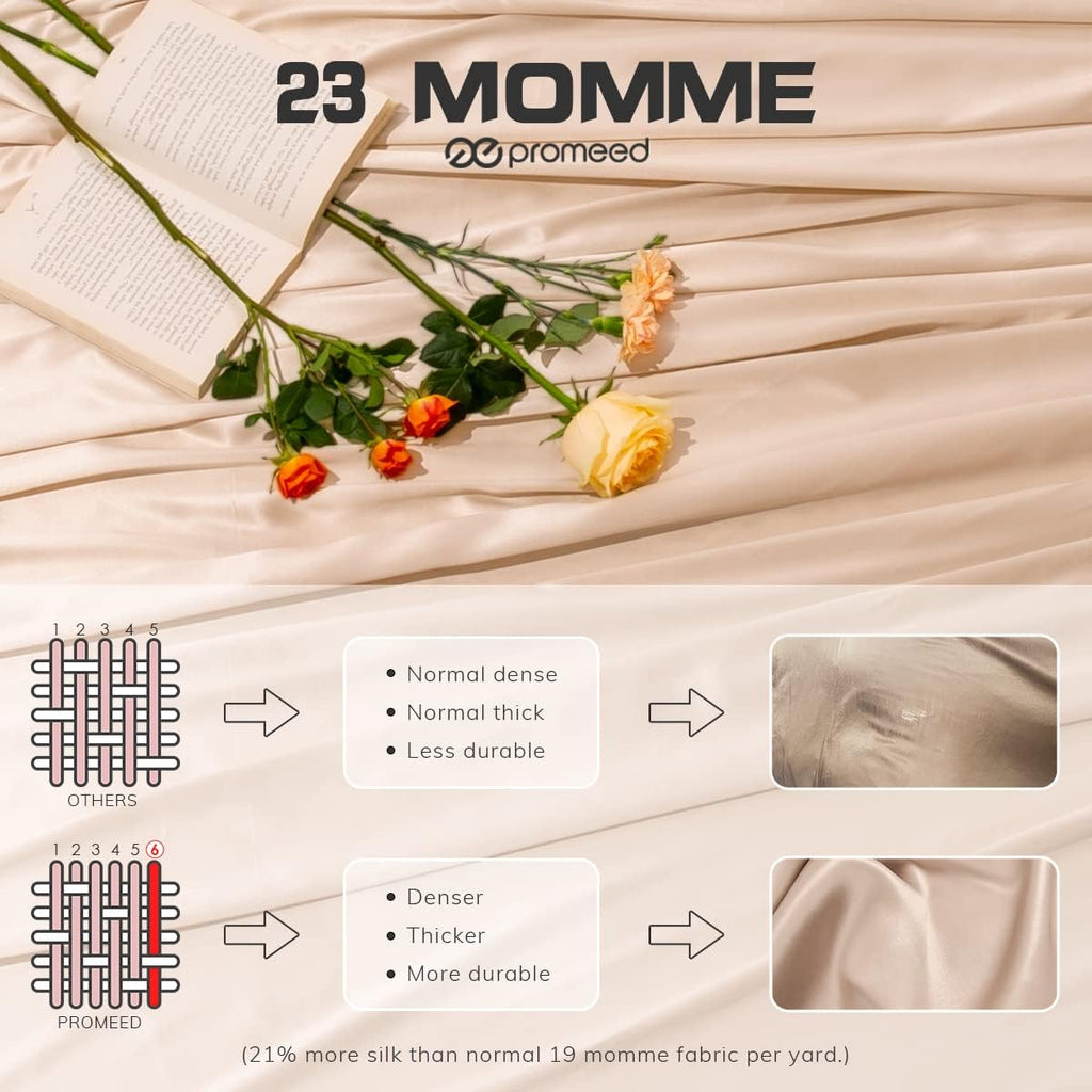 PROMEED Natural Silk 3pcs Queen Sheet Set 23 Momme, 100% Real Mulberry Silk Deep Pocket Fitted Sheet and Pillowcase Set for Hair and Skin (Champagne, Queen)
