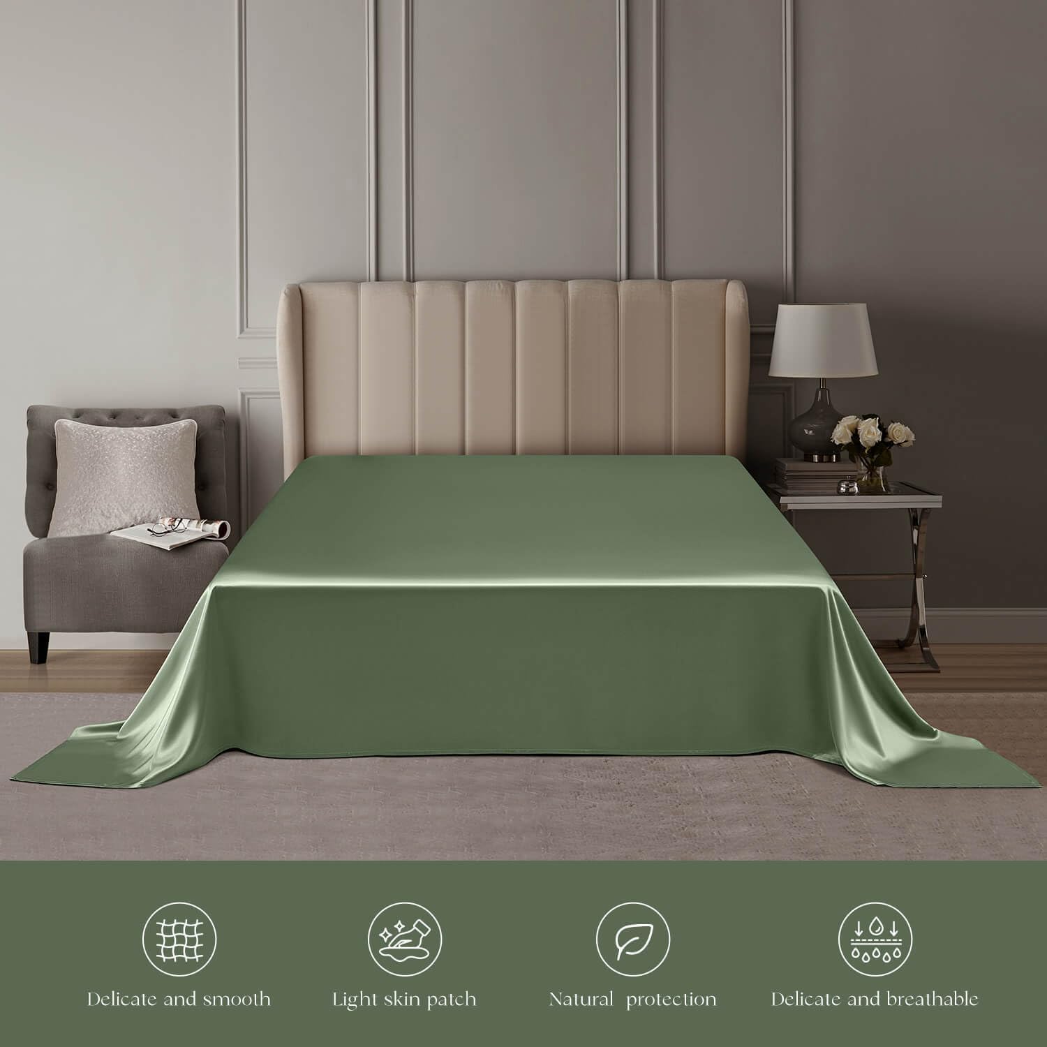 DISANGNI 22 Momme 100% Mulberry Silk Bedding Set - 4-Piece Luxury (2 Pillowcases, 1 Fitted Sheet, 1 Flat Sheet) - 6A Grade Natural Silk (Green, Twin)