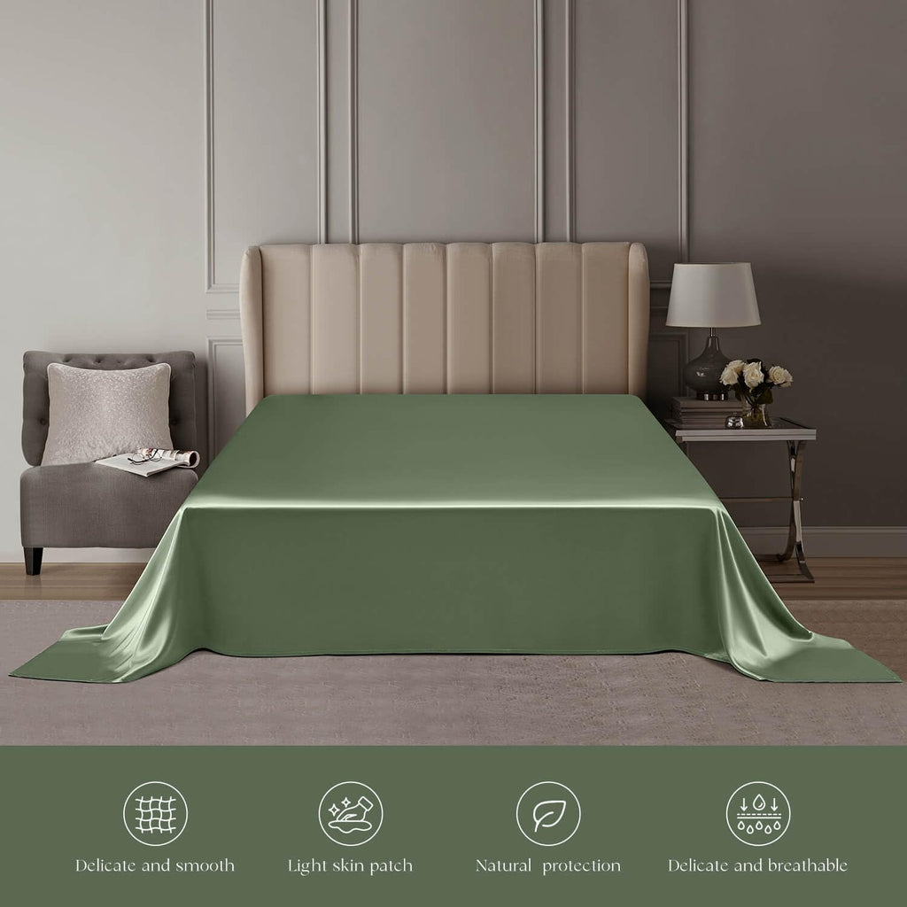 DISANGNI 22 Momme 100% Mulberry Silk Bedding Set - 4-Piece Luxury (2 Pillowcases, 1 Fitted Sheet, 1 Flat Sheet) - 6A Grade Natural Silk (Green, Twin XL)