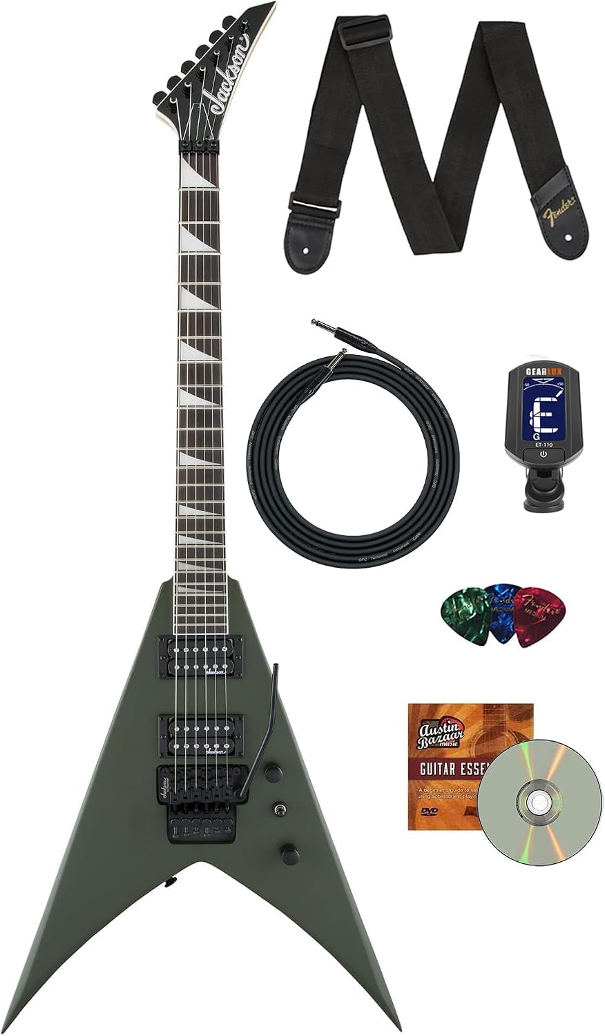 Jackson King V JS32 Electric Guitar - Matte Army Drab Bundle with Cable, Tuner, Strap, Picks, and Austin Bazaar Instructional DVD
