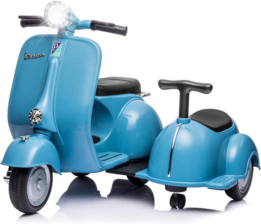 Kids Three Wheeled Motorcycle with Side Car & Speaker, Rechargeable Ride On Toy (Blue)