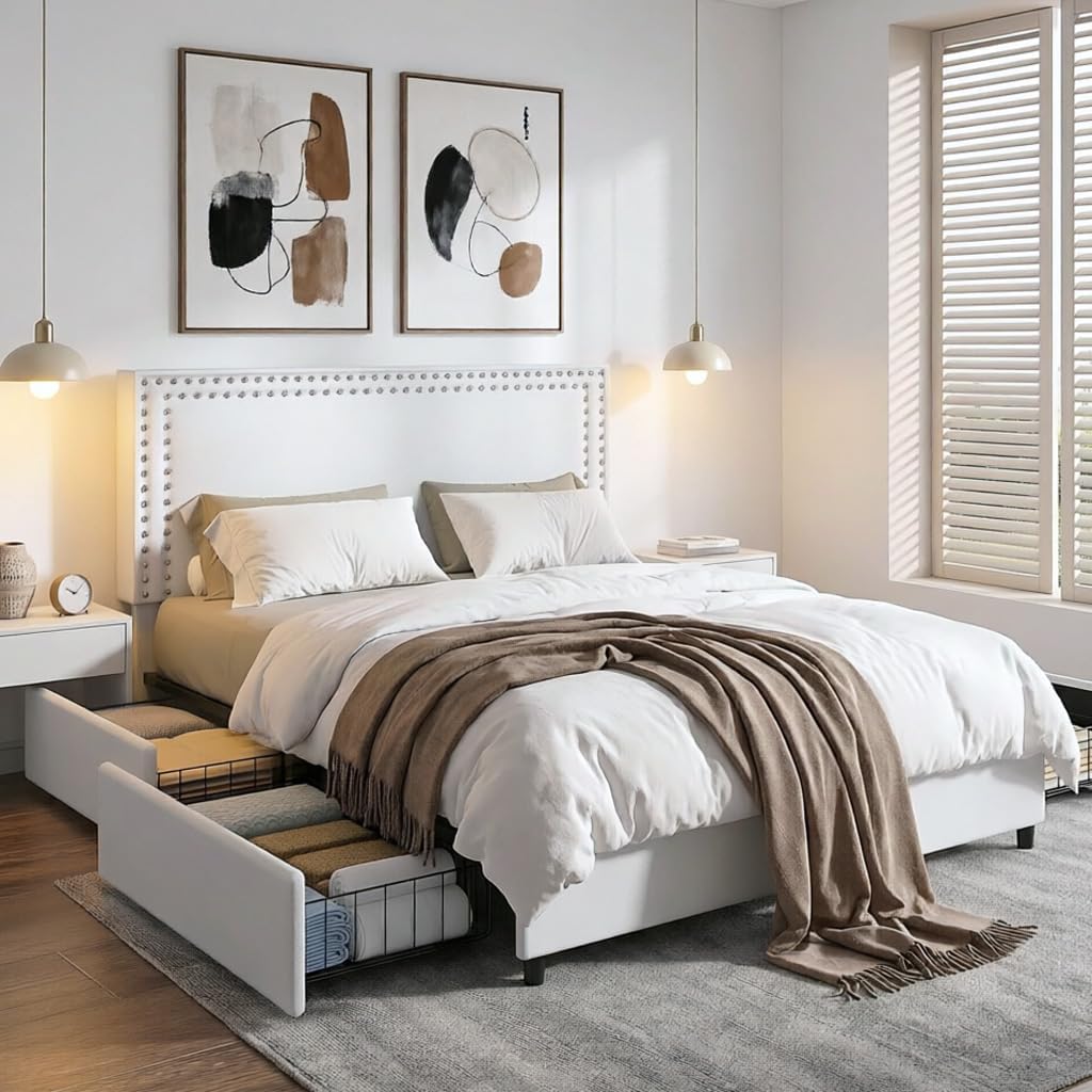 VECELO Queen Size Upholstered Bed Frame with 4 Storage Drawers, Adjustable Velvet Rivet Decor Headboard, Wooden Slats Platform Support, No Box Spring Needed, Easy Assembly,White