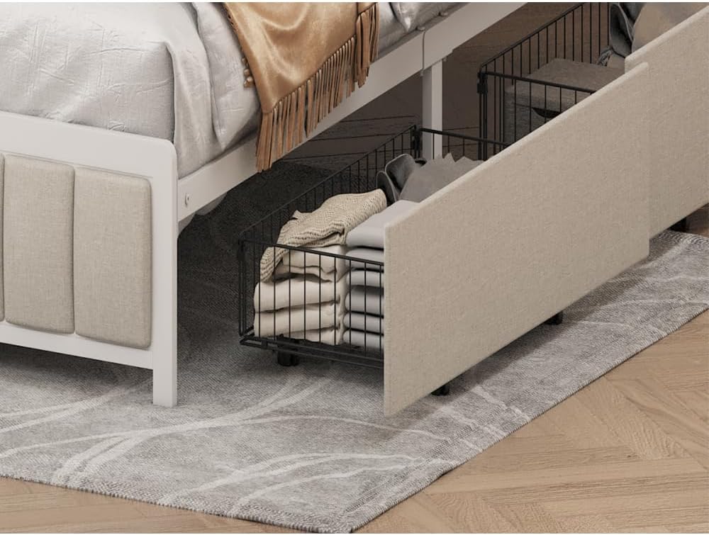 Queen Size Platform Bed with 4 Drawers, Metal Bed Frame with LED Lights and Charging Station, No Box Spring Needed, (Beige), Noise Free,Easy Assemble.
