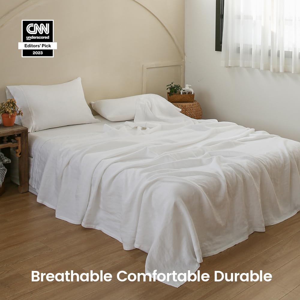 Simple&Opulence 100% Linen Sheet Set with Embroidery Washed - 3 Pieces (1 Flat Sheet & 1 Fitted Sheet & 1 Pillowcase) Natural Flax Soft Bedding Breathable Farmhouse - White, Twin Size