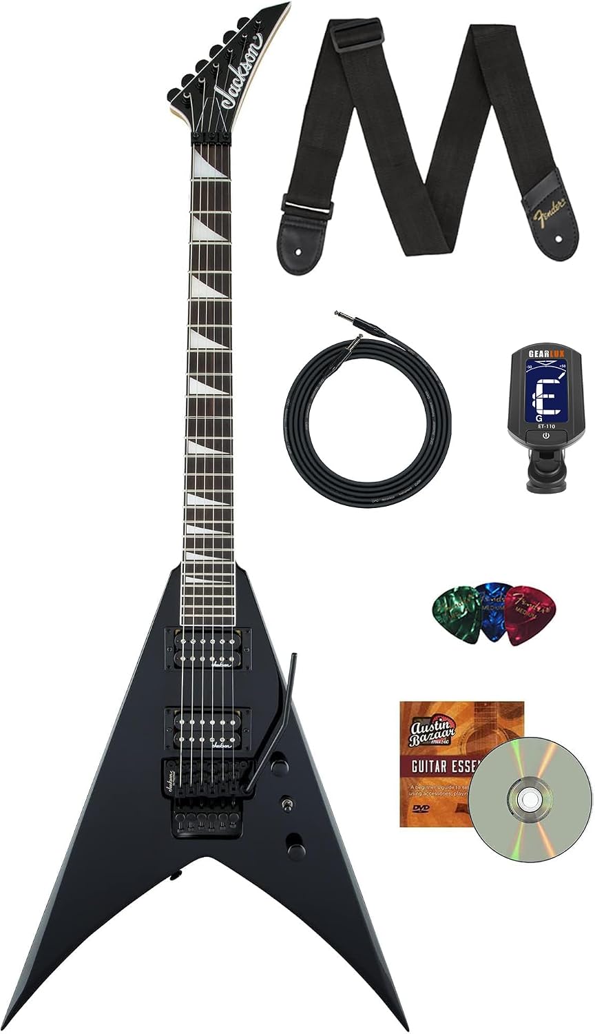 Jackson King V JS32 Electric Guitar - Gloss Black Bundle with Cable, Tuner, Strap, Picks, and Austin Bazaar Instructional DVD