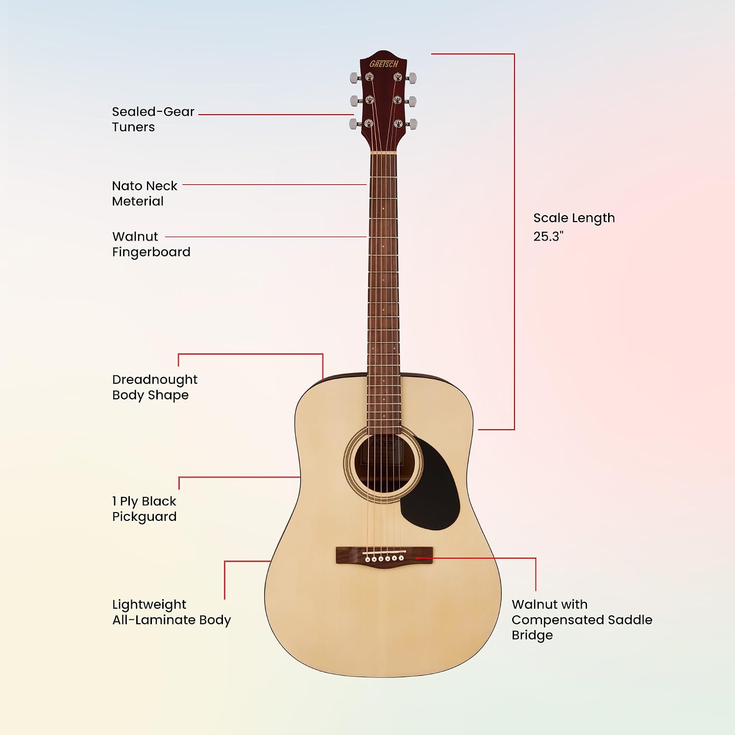 Gretsch Prelude D100 Dreadnought Acoustic Guitar - Natural Bundle with Gig Bag, Strap, Strings, String Winder, Picks, Austin Bazaar Instructional DVD, and Polishing Cloth