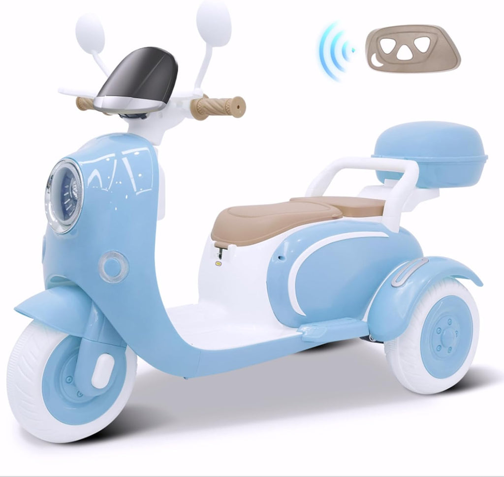 12V 2 Seater Ride on Motorcycle for Kids, Electric Moped Scooter w/Remote Control, Storage Box, Music, LED Light, Horn, 2x50W Motor, Toddler Ride on Toys for Girls Boys, Blue