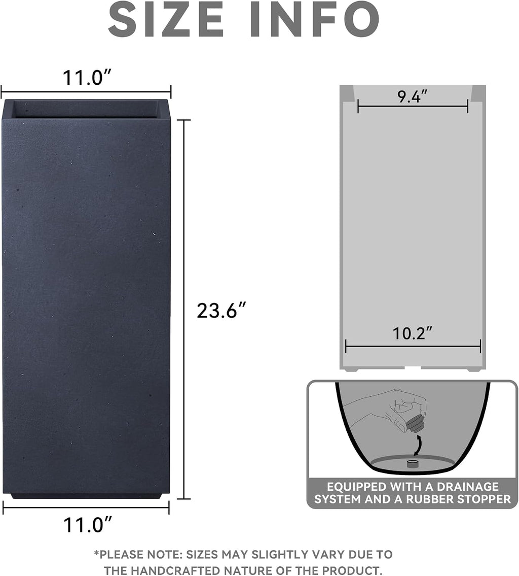 Kante 23.6' H Tall Rectangular Concrete Planter, Modern Square Diameter Plant Pot with Drainage Hole and Rubber Plug for Indoor Outdoor Home Patio Garden, Charcoal