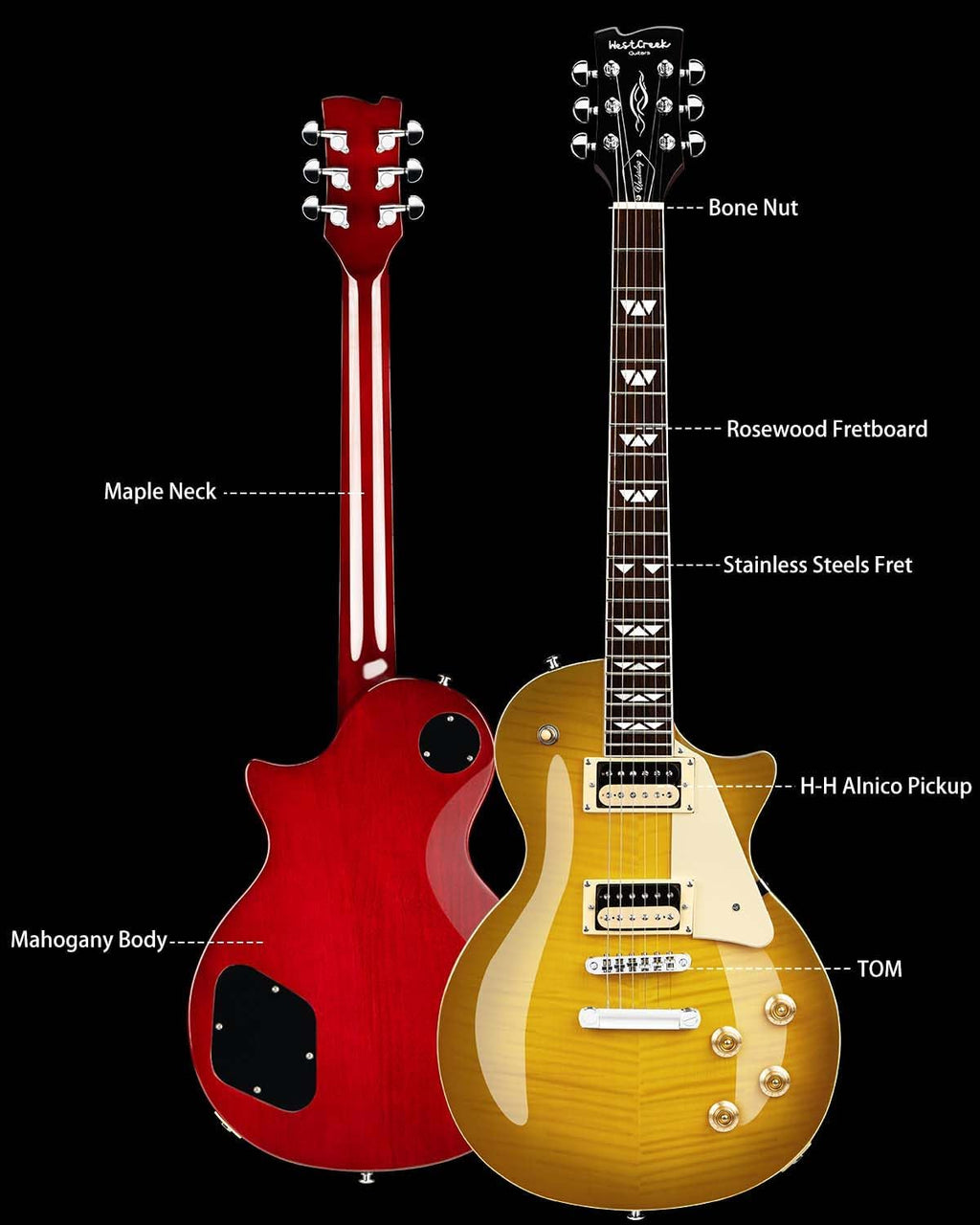 WestCreek Underdog Solid Body Electric Guitar, Mahogany Body, Maple Neck, Rosewood Fretboard, Rounded End Frets, Bone Nut, 22 Frets (LemonBurst)