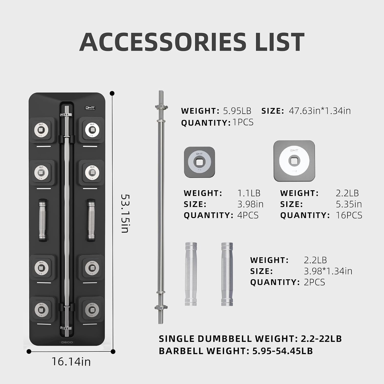 DHT Adjustable Dumbbells, Dumbbell Barbell Sets with Rack, Free Weights Dumbbells Set All-Purpose Fitness, Anti-Rolling, Weights Set for Home, Gym, Office, Wall-Mounted, 2.2-50 lbs, 1 Set / 2 in 1