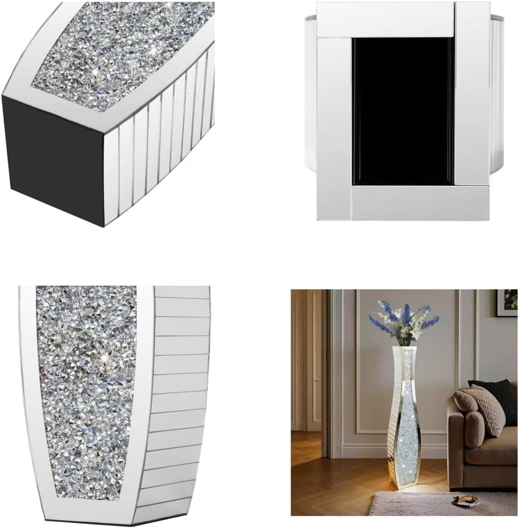 36' Extra Tall Double Sided Crushed Diamond Vases, Mirrored Silver Vase,Floor Vases Decorative Tall, Large Decorative Vase for Home,Office,Hotel Decor(7.72' L x4.33 W x 36' H)