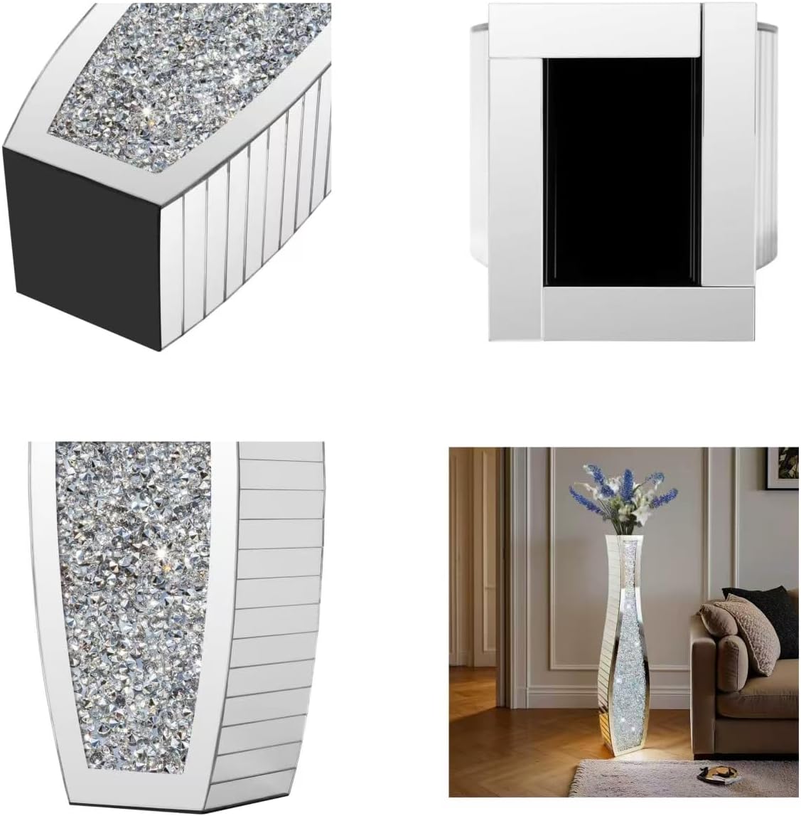 36' Extra Tall Double Sided Crushed Diamond Vases, Mirrored Silver Vase,Floor Vases Decorative Tall, Large Decorative Vase for Home,Office,Hotel Decor(7.72' L x4.33 W x 36' H)