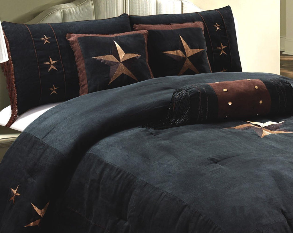 Grand Linen 7 Piece Western Decor Lodge Oversize King (110'X96') Comforter Set Black/Dark Brown - Embroidered Lone Star Barbed Wire Micro Suede Bedding