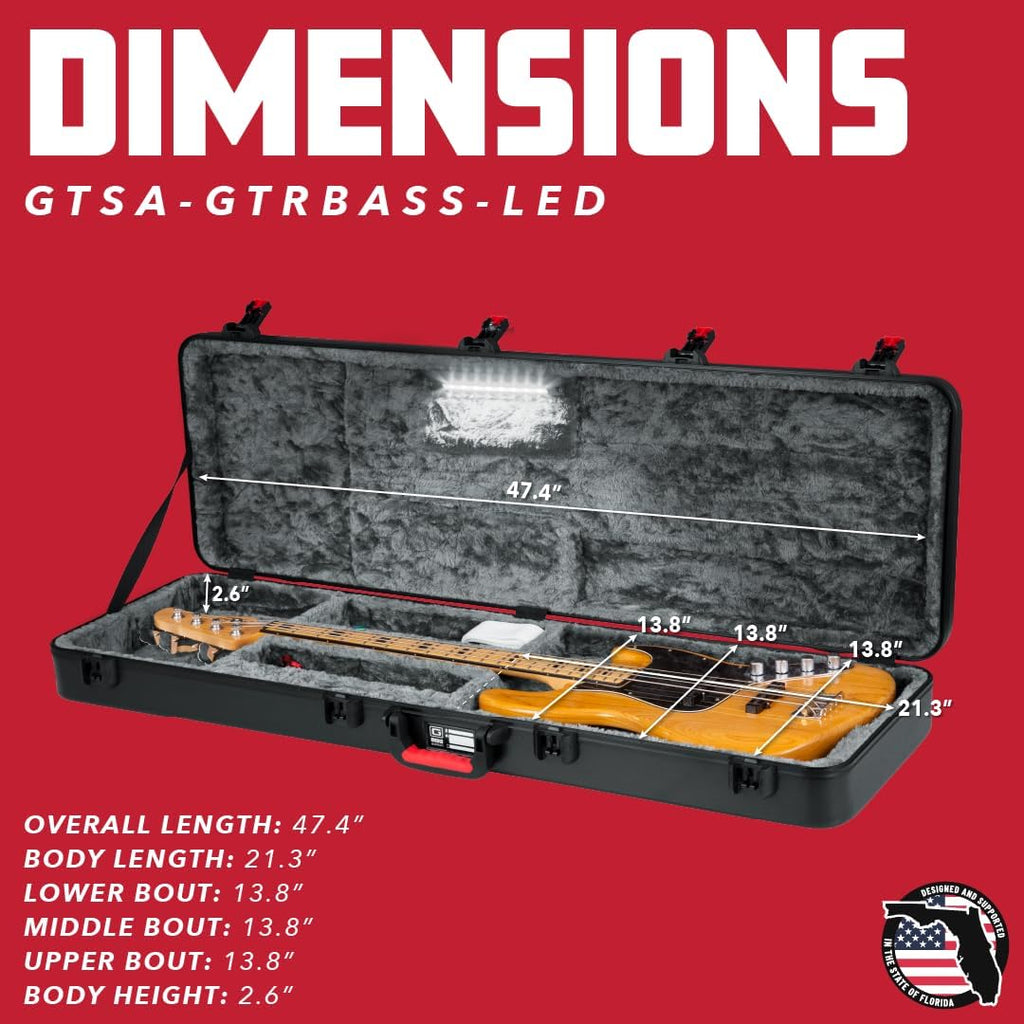 Gator Cases Molded Flight Case for Bass Guitar with Internal LED Lighting and TSA Approved Locking Latch, (GTSA-GTRBASS-LED)