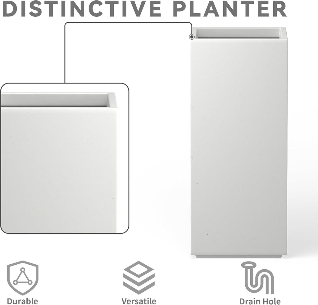 Kante 27.6' H Tall Rectangular Concrete Planter, Modern Square Diameter Plant Pot with Drainage Hole and Rubber Plug for Indoor Outdoor Home Patio Garden, Pure White
