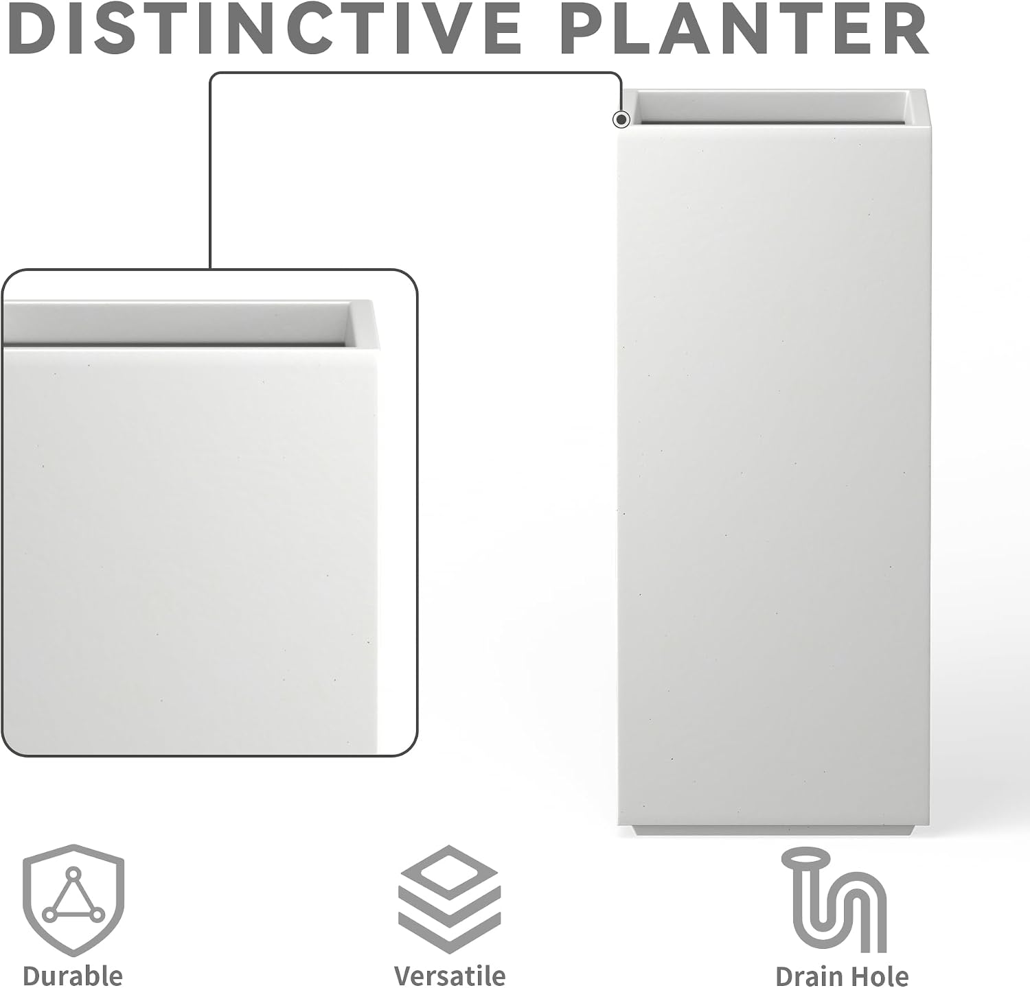Kante 27.6' H Tall Rectangular Concrete Planter, Modern Square Diameter Plant Pot with Drainage Hole and Rubber Plug for Indoor Outdoor Home Patio Garden, Pure White