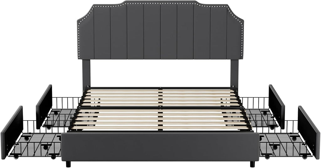 VECELO Full Bed Frame 4 Storage Drawers & Upholstered Platform &Tufted Adjustable Headboard/Mattress Foundation/Wood Slat Support,Easy Assembly,Dark Grey