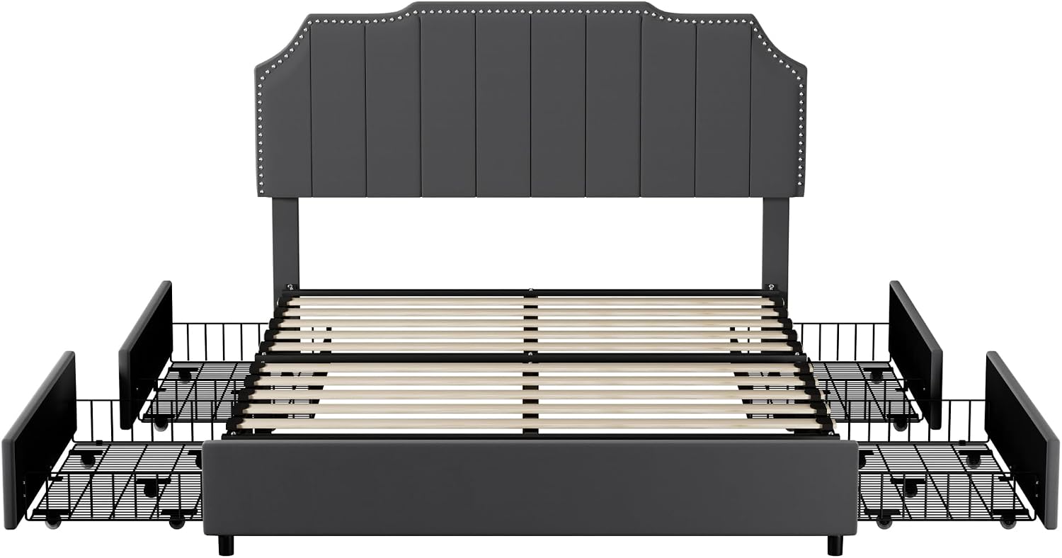 VECELO Full Bed Frame 4 Storage Drawers & Upholstered Platform &Tufted Adjustable Headboard/Mattress Foundation/Wood Slat Support,Easy Assembly,Dark Grey