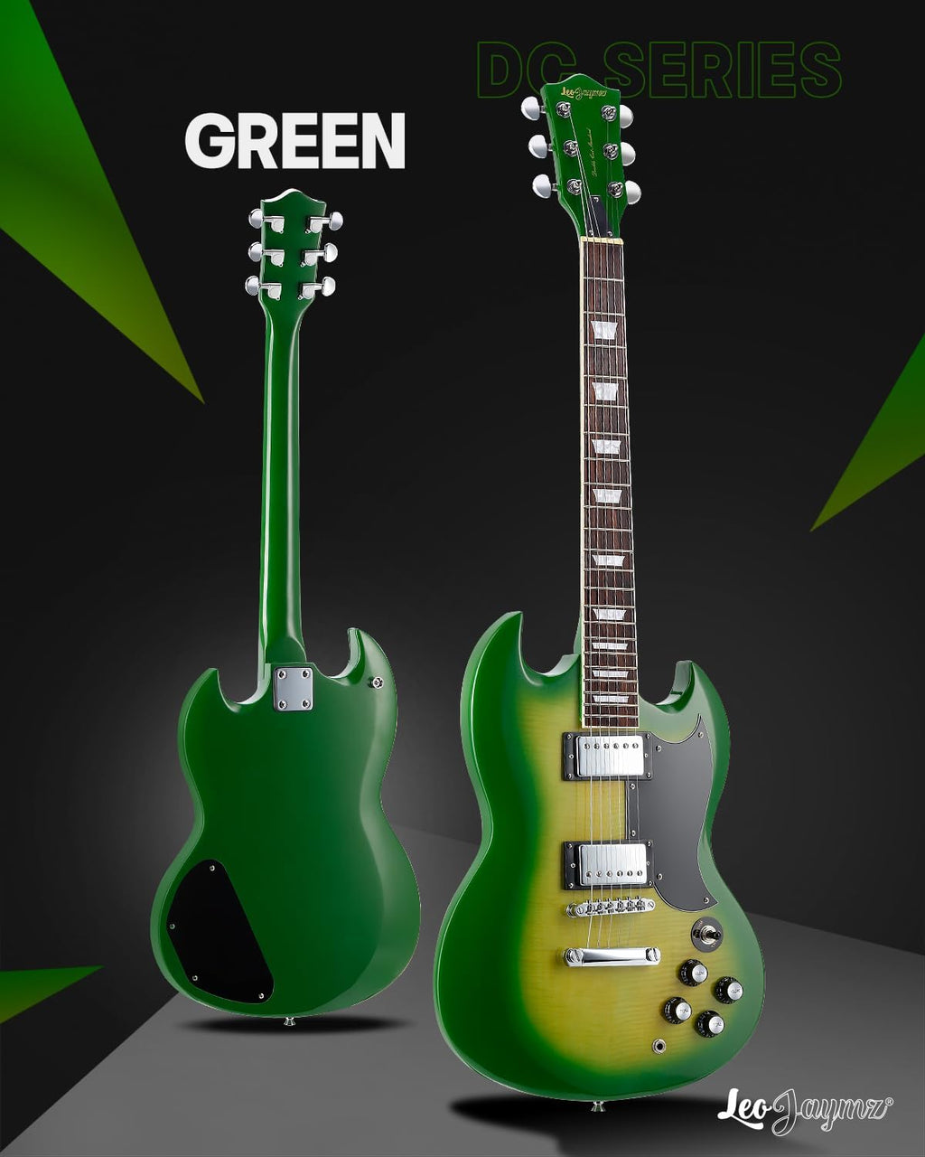 Leo Jaymz 39 Inch Solid Body Electric Guitar - Poplar Wood Body，Maple Neck and Laurel Wood Fretboard (Green Flame)