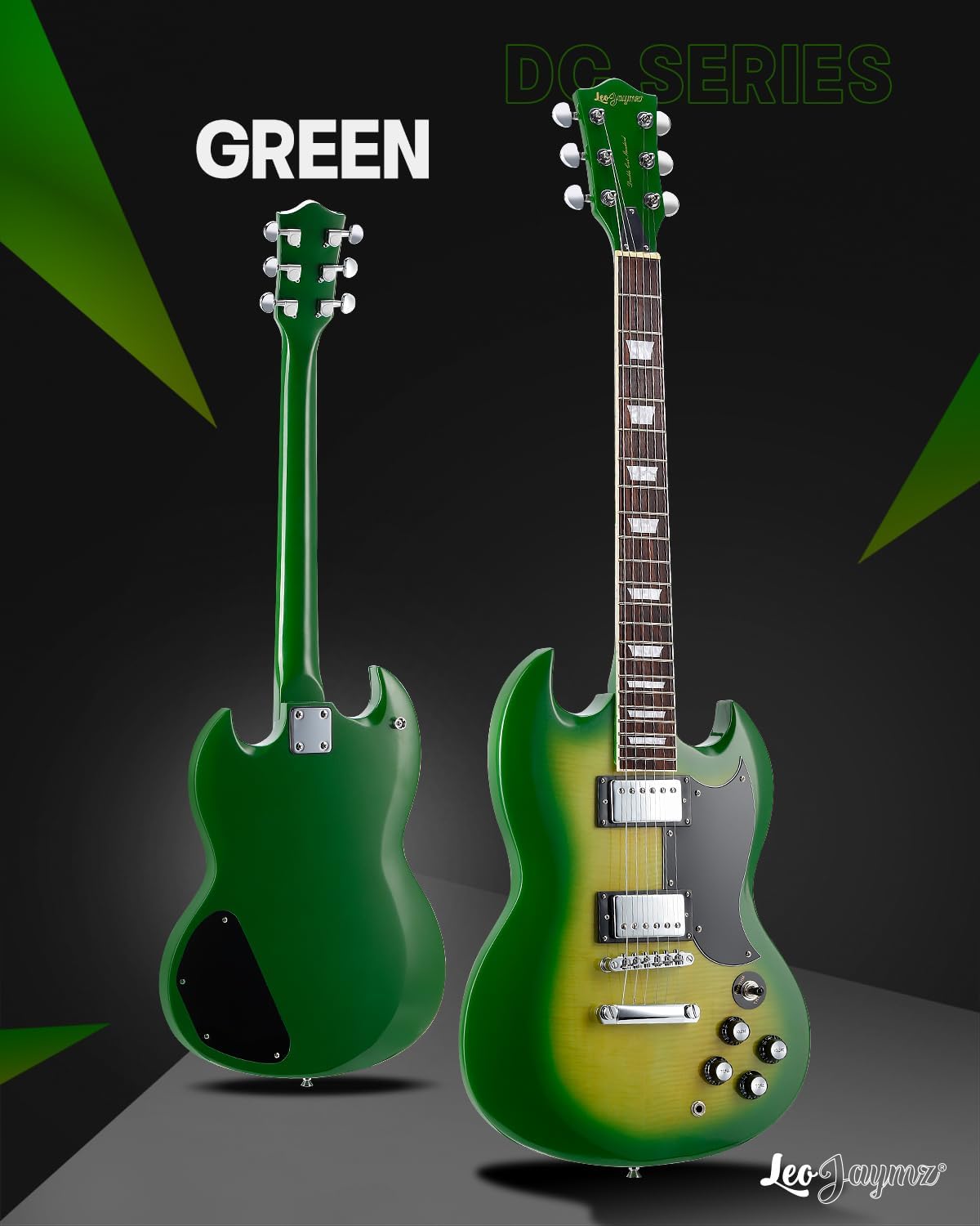 Leo Jaymz 39 Inch Solid Body Electric Guitar - Poplar Wood Body，Maple Neck and Laurel Wood Fretboard (Green Flame)