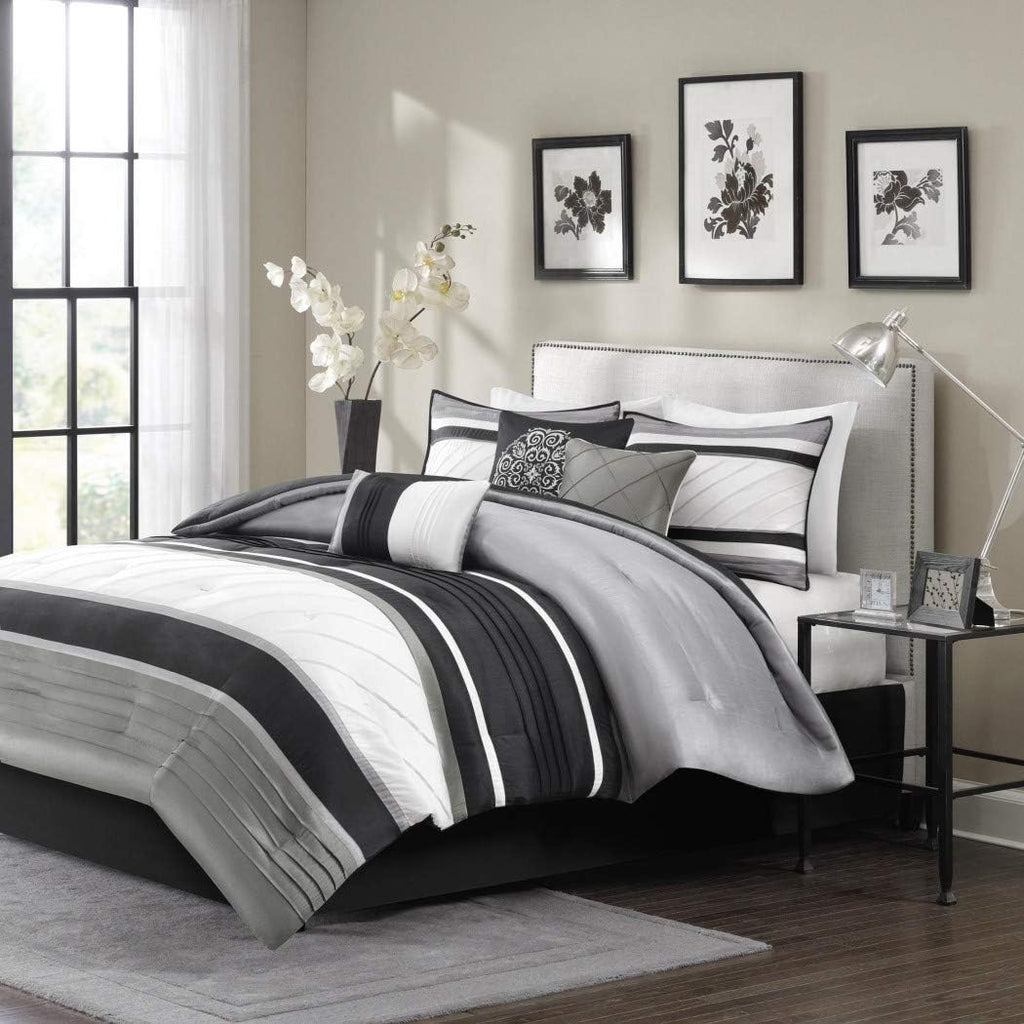 7 Piece Silver Grey Black Striped Comforter King Set, Gray White Adult Bedding Master Bedroom Stylish Patchwork Pintuck Pattern Elegant Themed Traditional Monochromatic Polyester Stripe