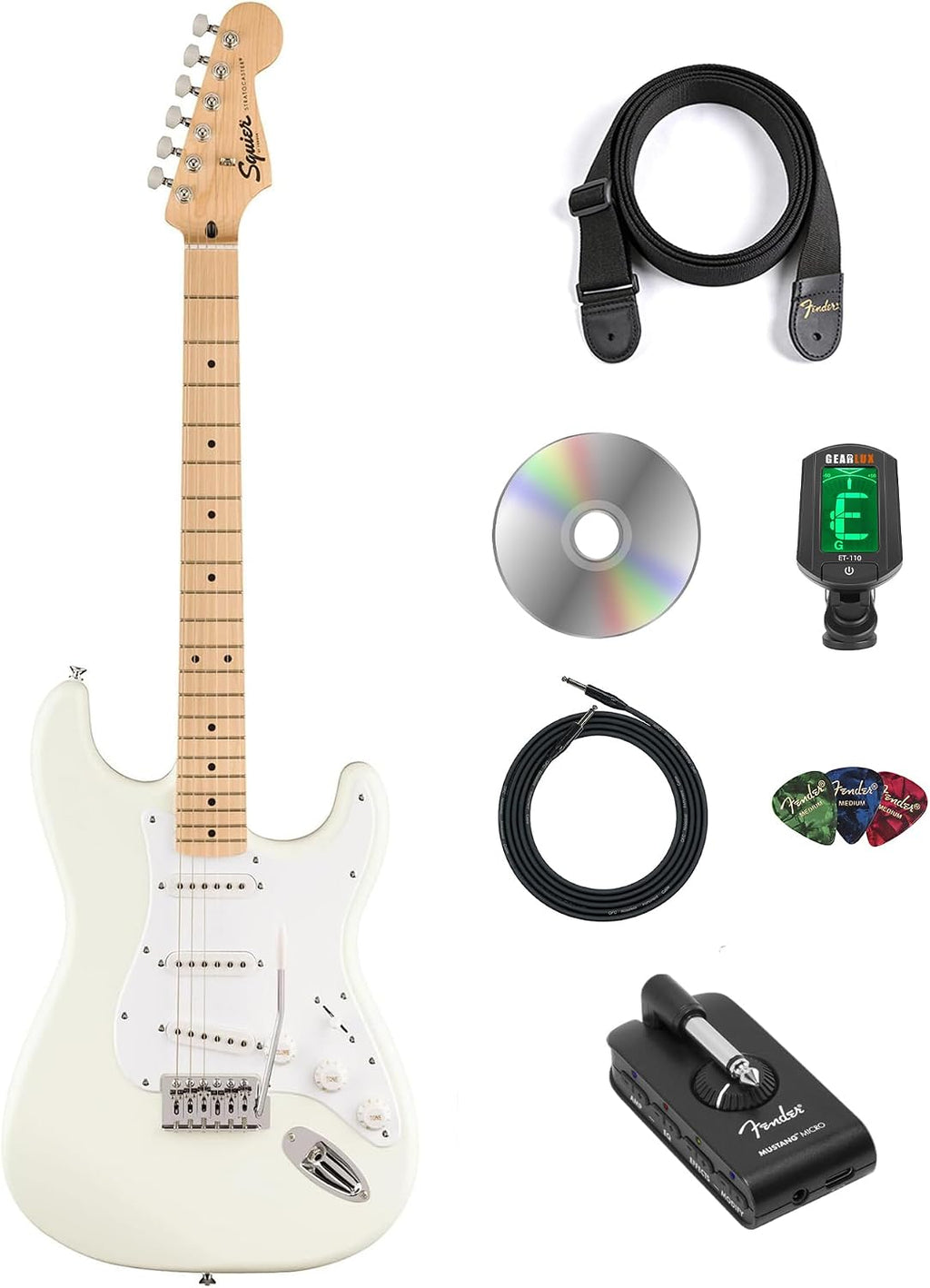 Fender Squier Sonic Stratocaster - Arctic White Bundle with Mustang Micro Headphone Amplifier, Cable, Tuner, Strap, Picks, and Austin Bazaar Instructional Video