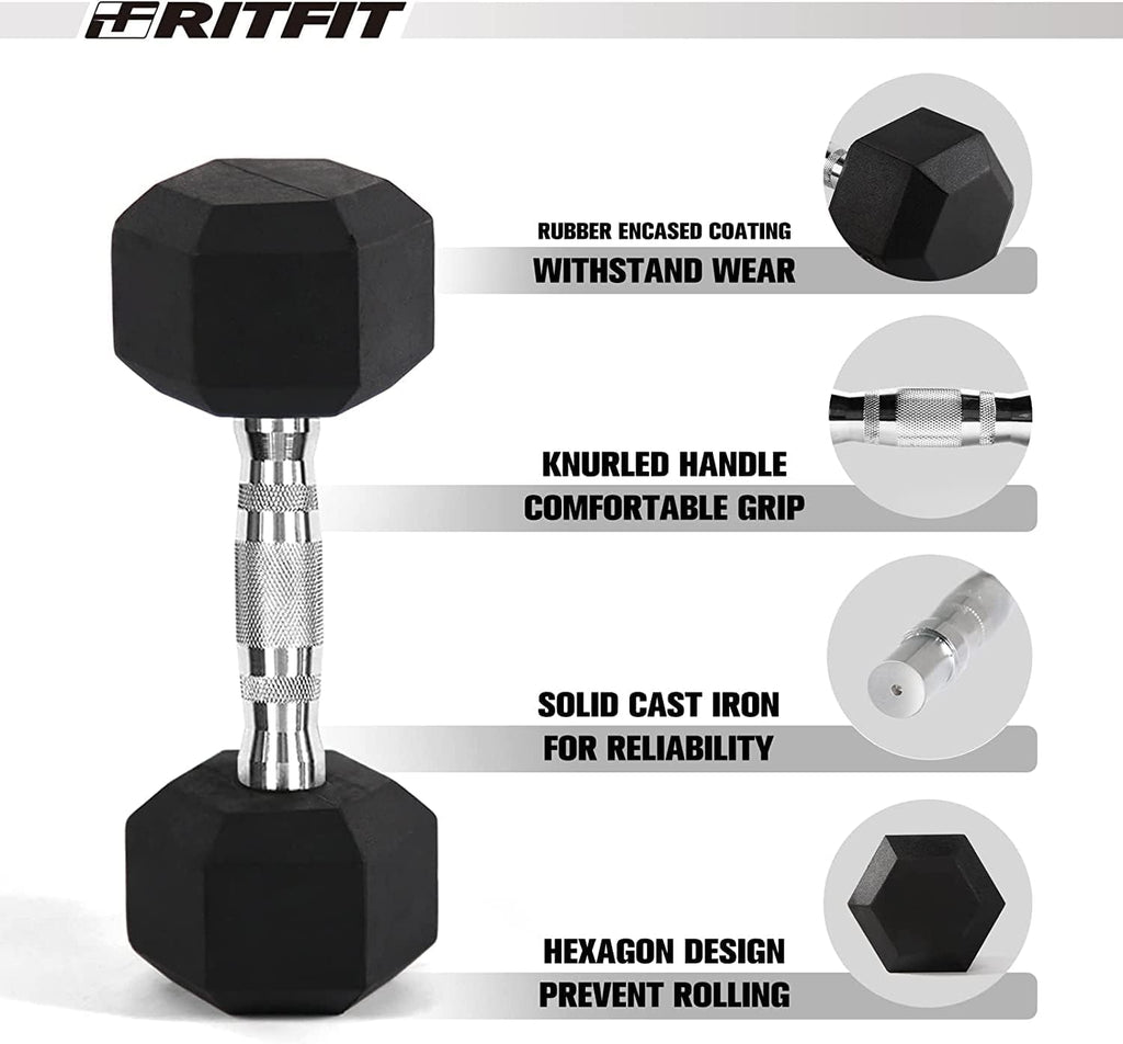 RITFIT Rubber Hex Dumbbells Set with Rack, 180-780LB Heavy-Duty Cast Iron Core, Knurled Chrome Handle, Space-Saving Storage Rack for Home Gym Strength Training