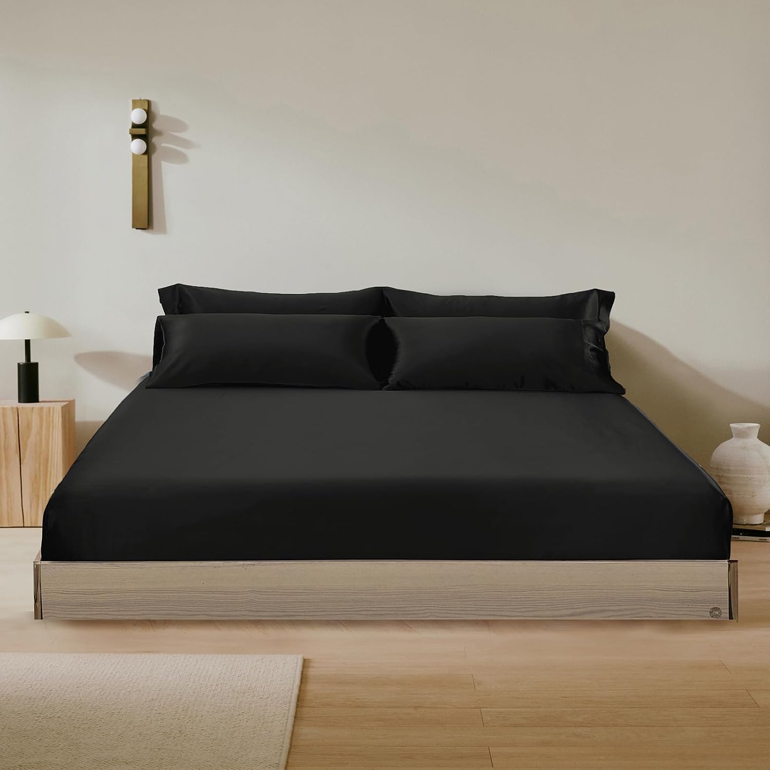 LILYSILK 3Pcs Silk Fitted Sheets Set 100% Mulberry Silk 6A Grade, 2 Silk Pillowcases and 1 Silk Fitted Sheet, 16 Inch Deep Pocket, 19 Momme Silk Bed Sheets Oeko-Certified Black, King Size