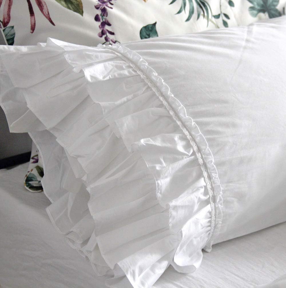 QSH Ruffle Sheets Set Queen Size French Country Lace Bedding 100% Cotton Shabby Vintage Bed Sheet Set 4pcs Deep Pockets Ruffled Bed Sheets