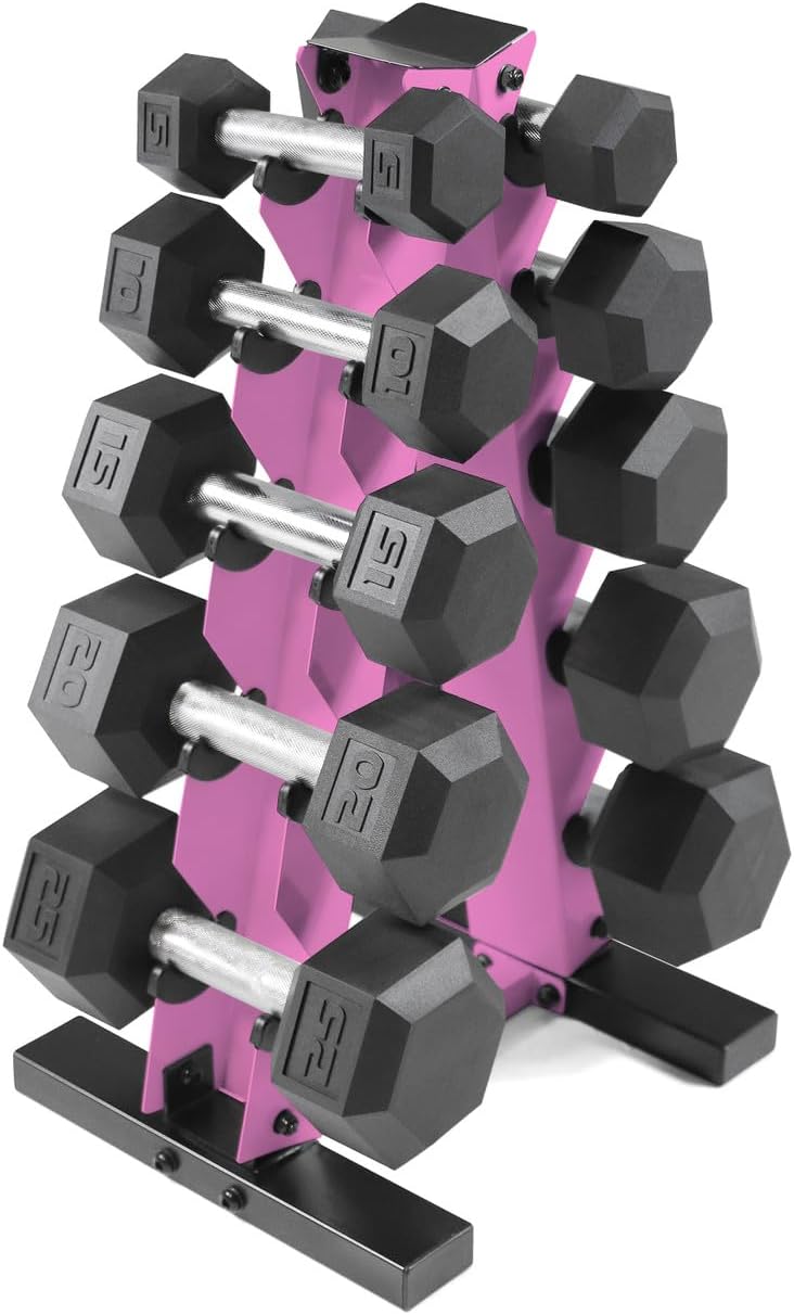 WF Athletic Supply 5-25Lb Rubber Coated Black Handle Hex Dumbbell Set with A Frame Storage Rack Non-Slip Hex Shape for Muscle Toning, Straight Handle, Pink Rack