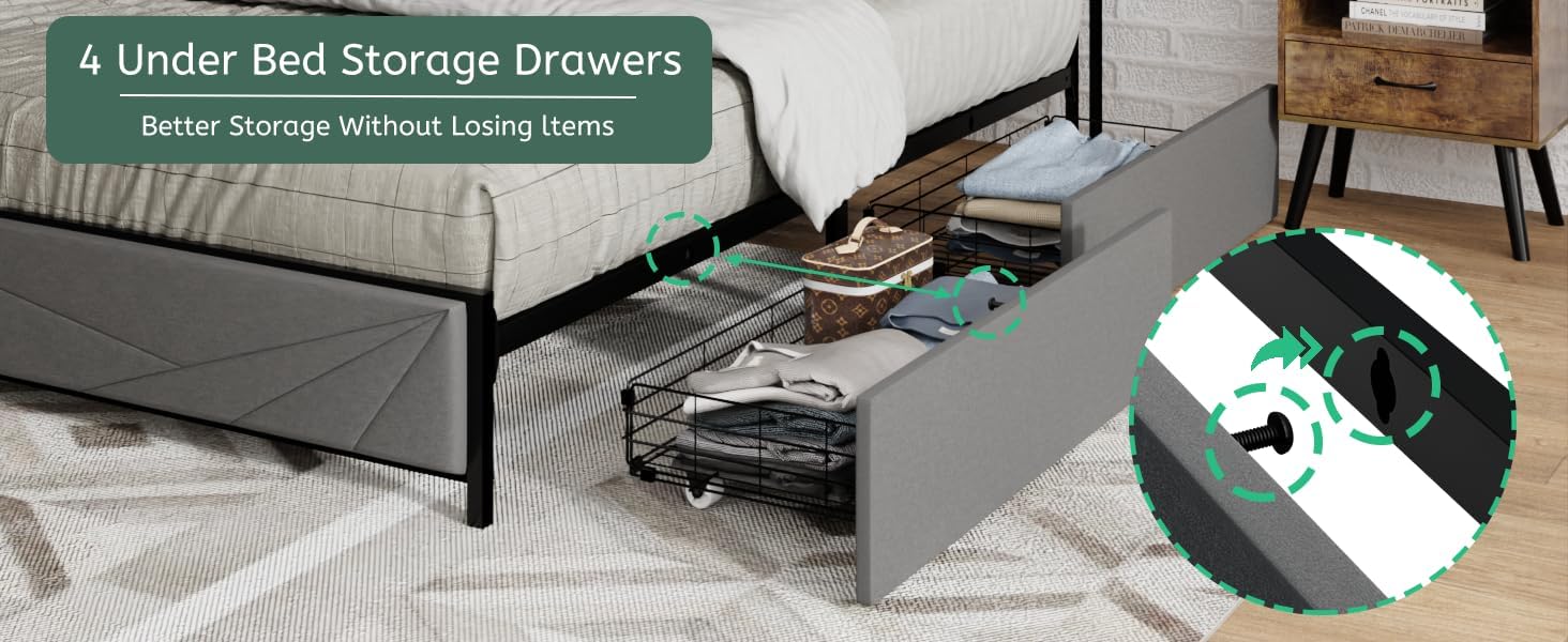 hatisan Full Size Bed Frame with 4 Storage Drawers and 2 USB Ports, Upholstered Platform Bed Frame with Storage Headboard Charging Station and Metal Slat Support, No Box Spring Needed, Dark Grey.