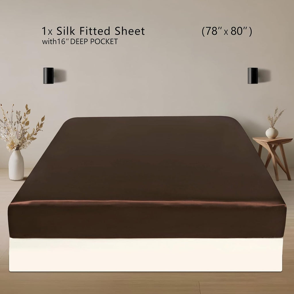 ZIMASILK 100% 19 Momme Mulberry Silk Fitted Sheet for Sleeping with Deep Pocket, Soft, Breathable & Hypoallergenic for Hair & Skin Care (King 78''x80''+16', Chocolate)