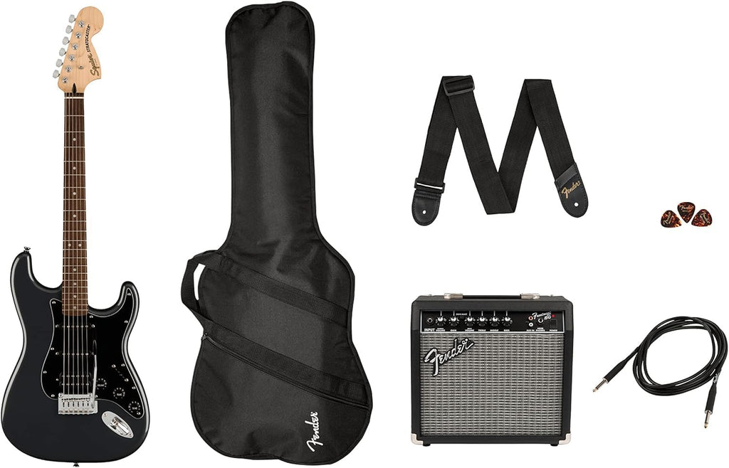 Squier Affinity Series Stratocaster Packs Electric Guitar, Charcoal Frost Metallic, Laurel Fingerboard