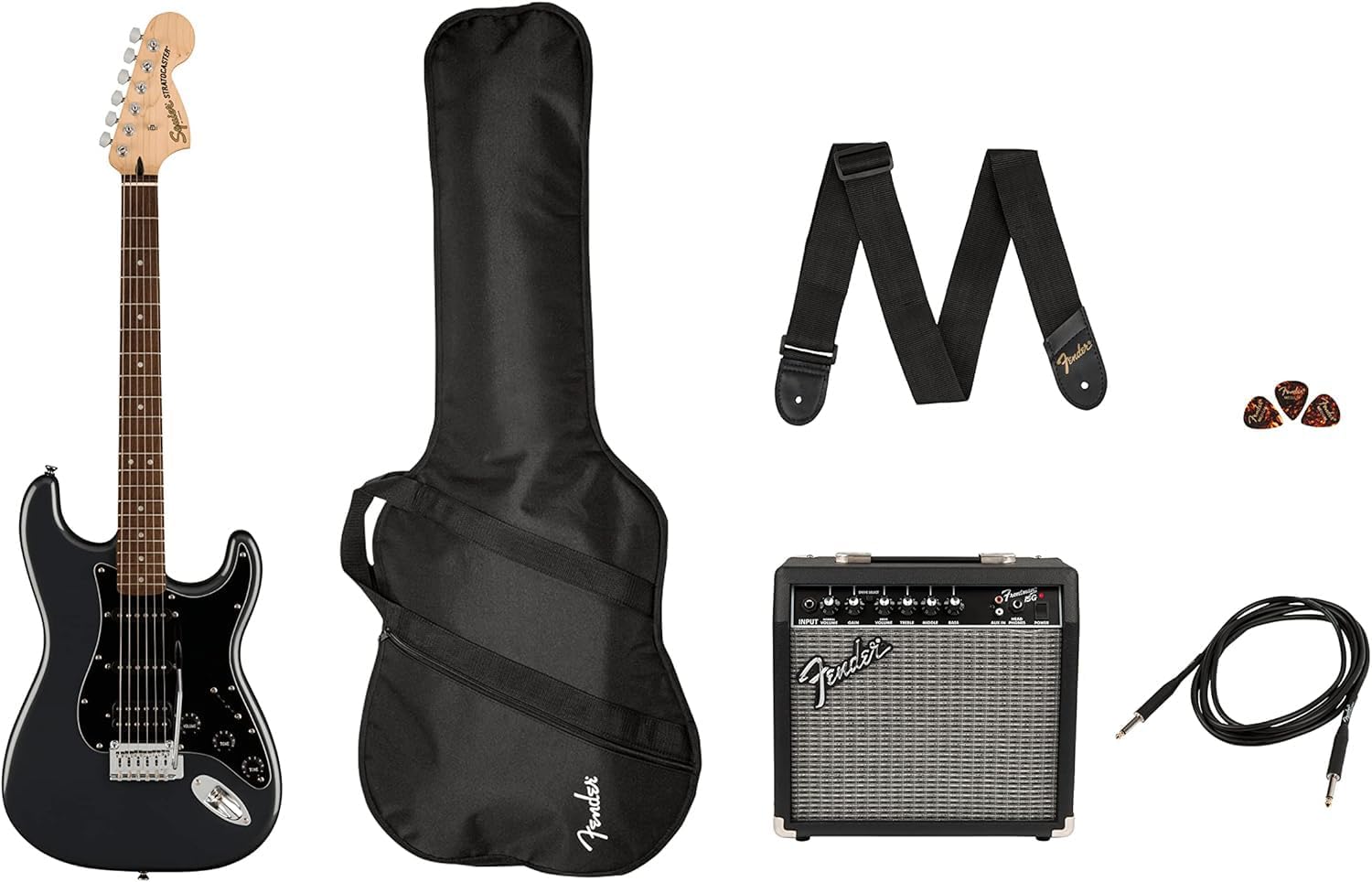Squier Affinity Series Stratocaster Packs Electric Guitar, Charcoal Frost Metallic, Laurel Fingerboard