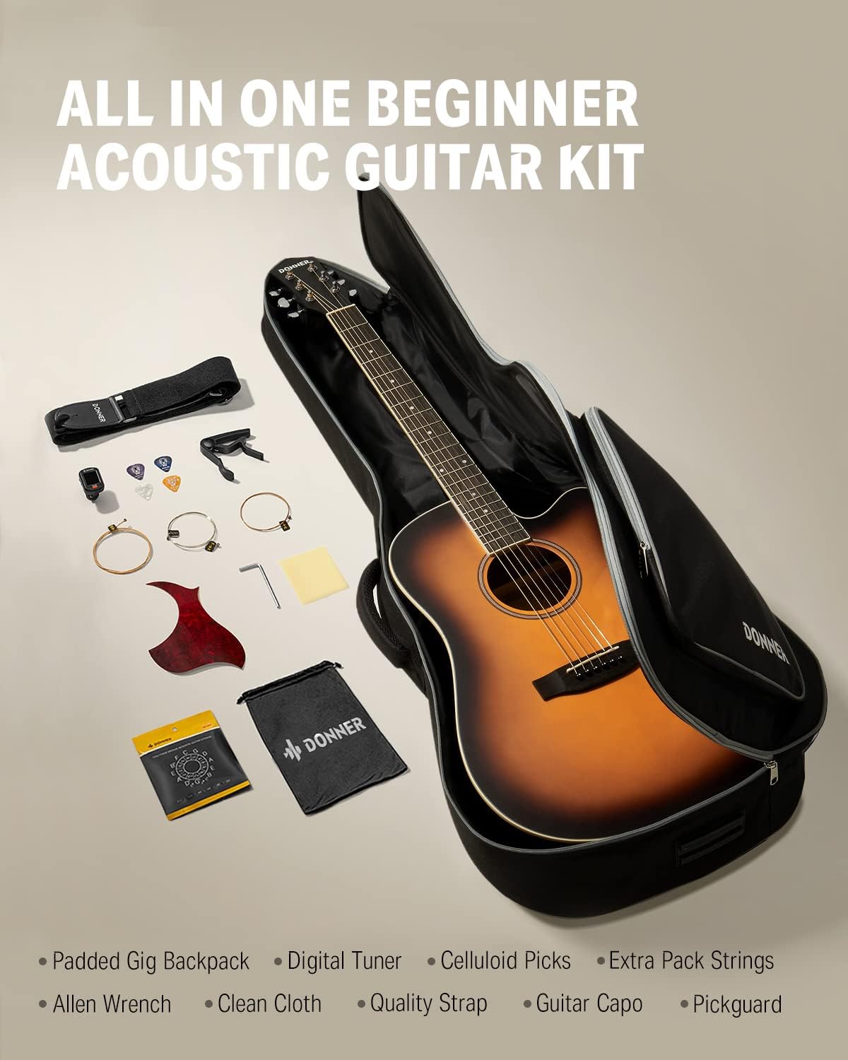 Donner Acoustic Guitar for Beginner Adult Full Size Cutaway Acustica Guitarra Bundle Kit with Free Online Lesson Bag Strap Tuner Capo Pickguard String Pick, Right Hand 41'Sunburst, DAG-1CS/DAD-160CS